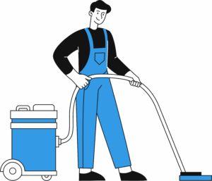 Mann reinigt Boden mit Maschine.